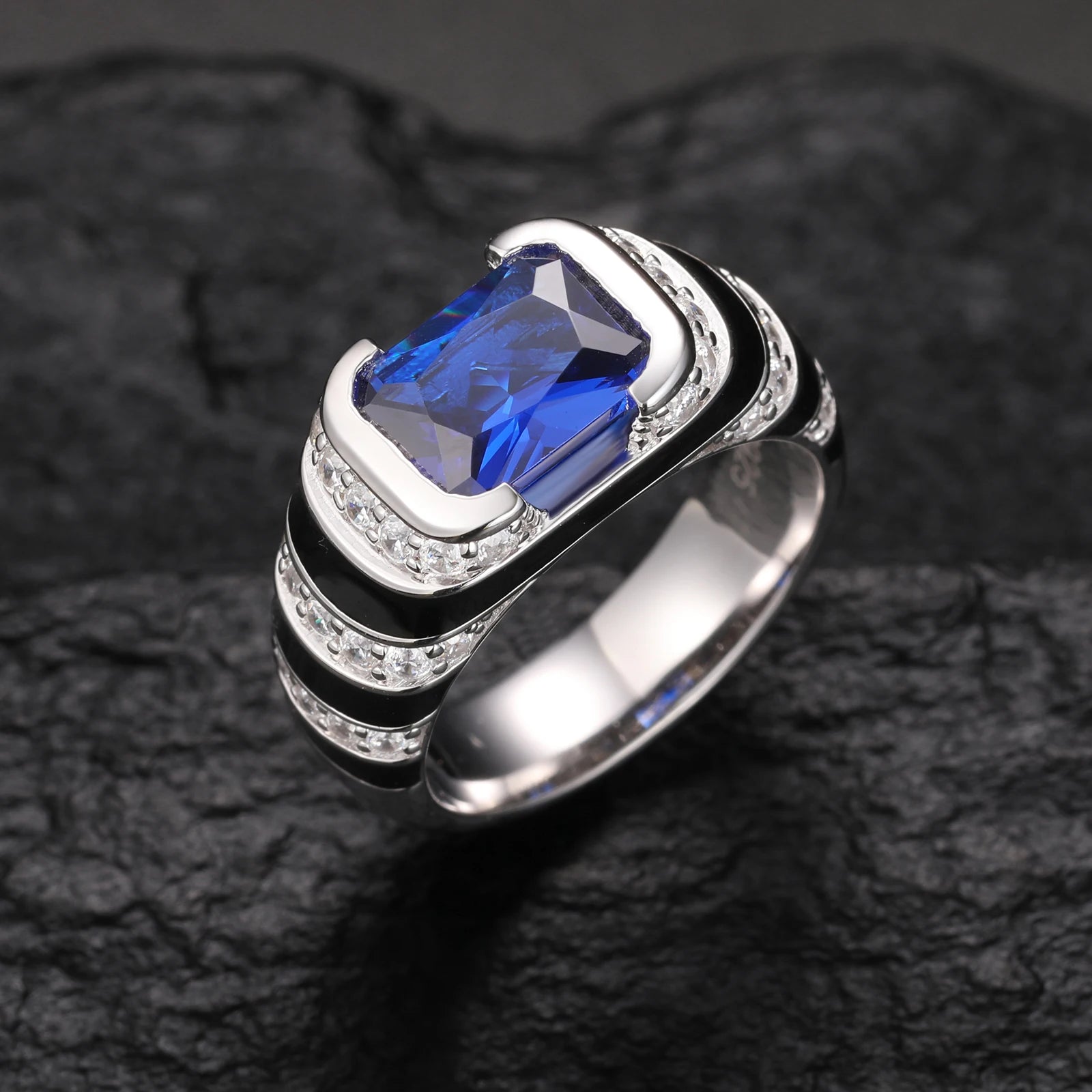 S925 Blue Sapphire and Black Enamel Emerald Cut Ring