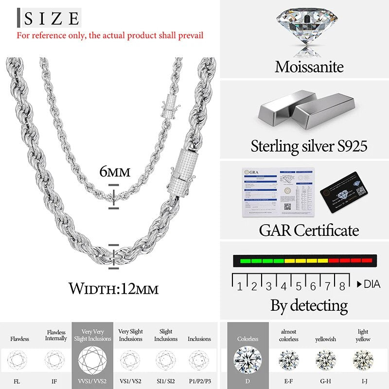925 Sterling Silver 6MM/12MM Twist Rope Chain Necklace With Moissanite Clasp