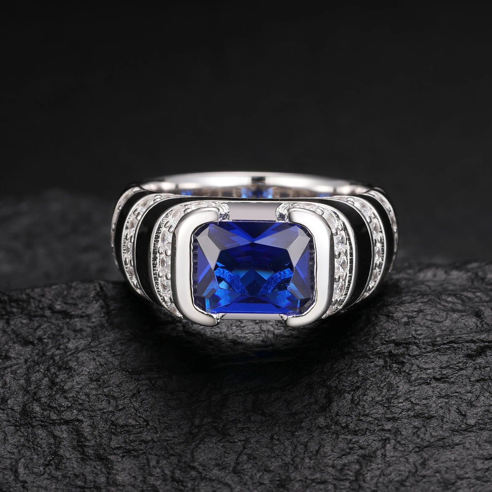 S925 Blue Sapphire and Black Enamel Emerald Cut Ring