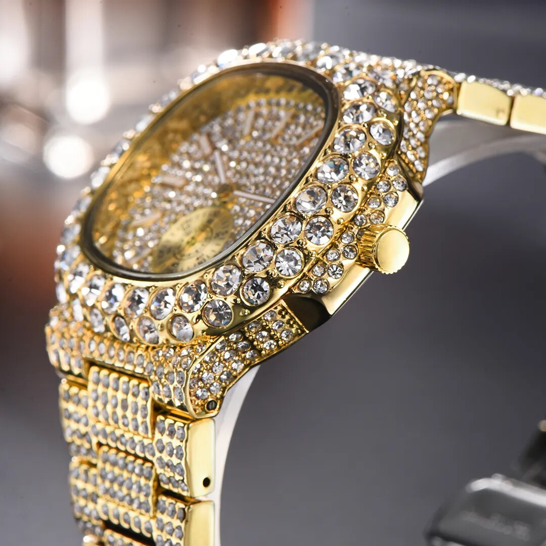 Iced Fully-Diamond Horizontally Embossed Dial 18K Gold Watch