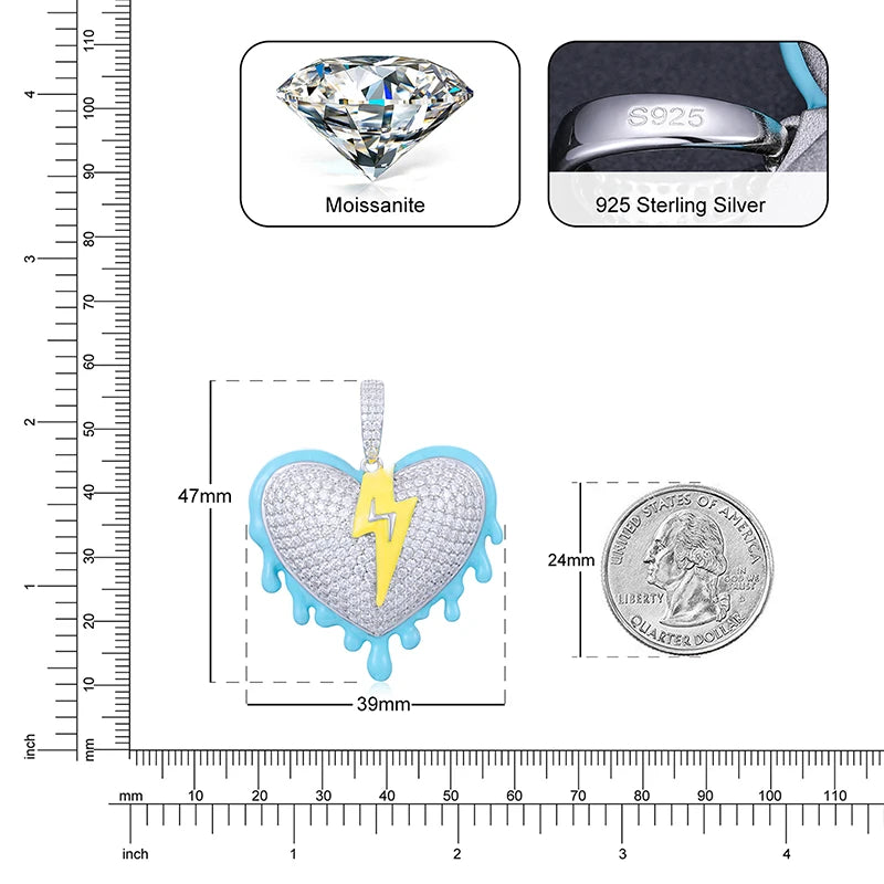 S925 Moissanite Luminous Dripping Heart with Lightning Bolt Pendant