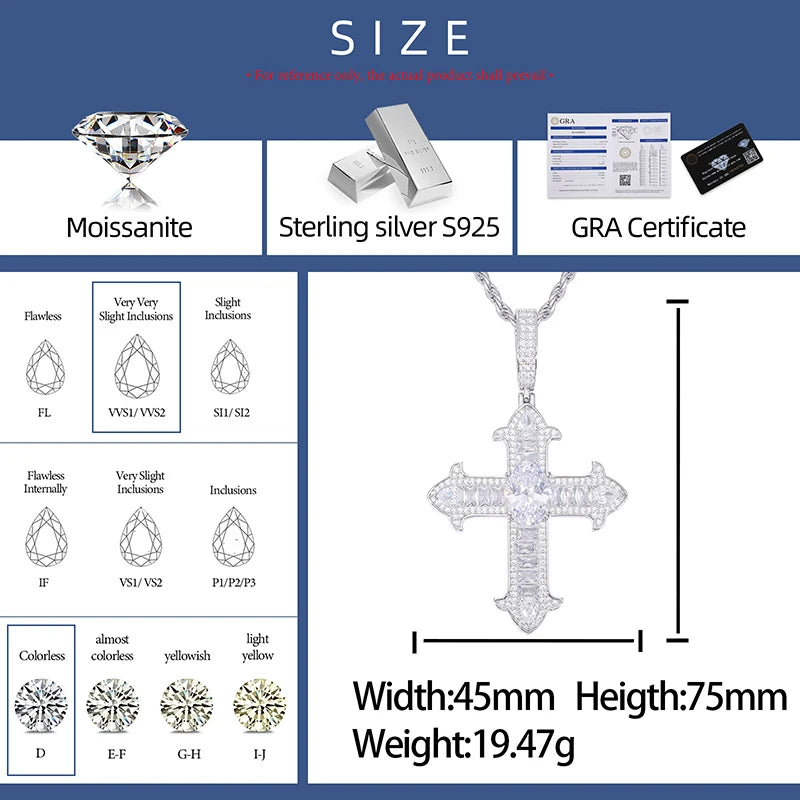 S925 Moissanite Oval Cut Center Diamond Cross Pendant