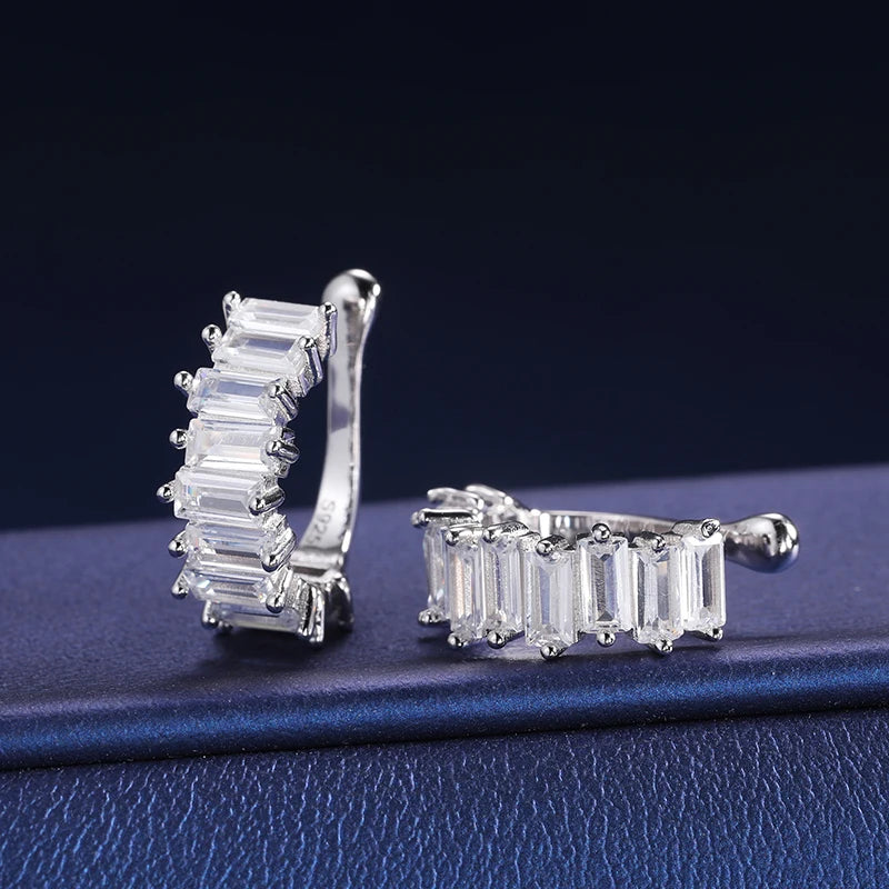 S925 Moissanite Baguette Cuff Earrings – White Gold