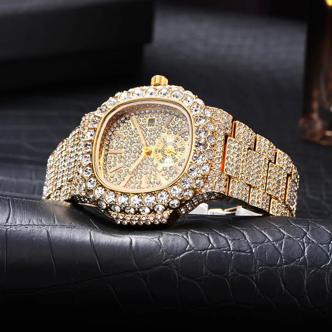 Iced Fully-Diamond Horizontally Embossed Dial 18K Gold Watch