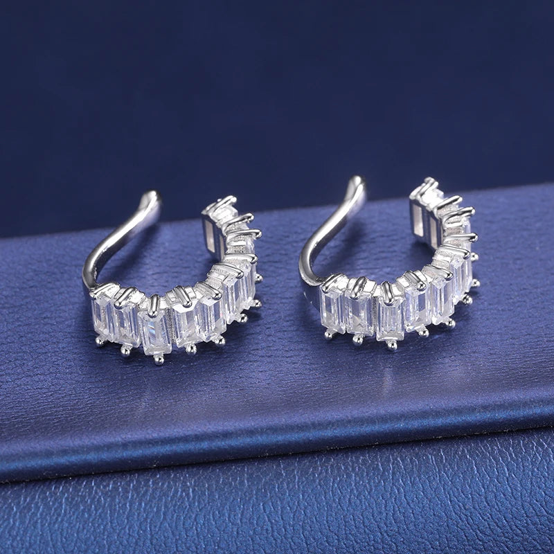 S925 Moissanite Baguette Cuff Earrings – White Gold