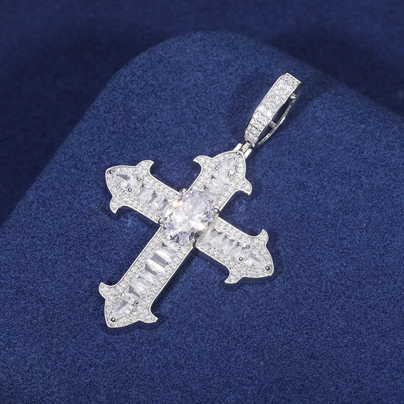 S925 Moissanite Oval Cut Center Diamond Cross Pendant