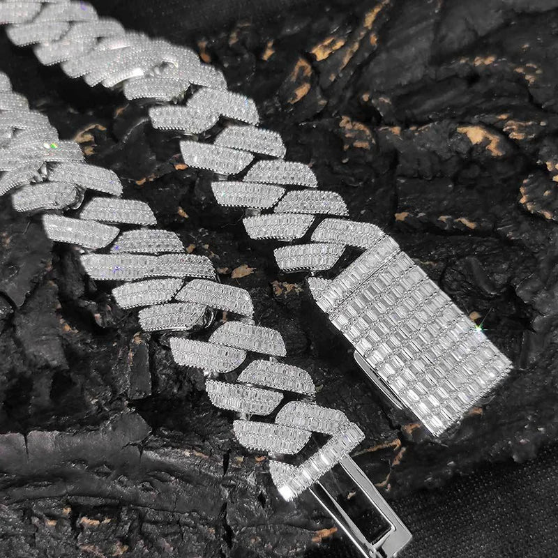 20mm Iced Out Baguette Rhombus Diamond Cuban Miami Link Chain - Necklace/Bracelet