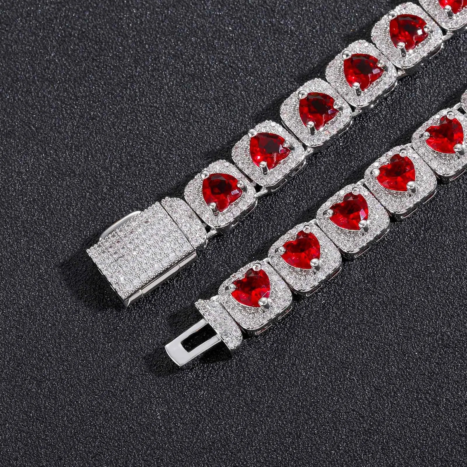 10mm Heart-Shaped Red Zirconia Clustered Tennis Chain