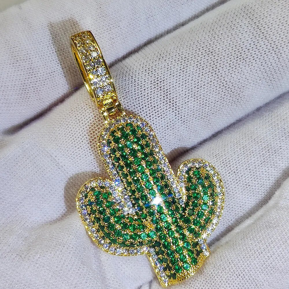 Iced out Cactus Pendant - Gold/White Gold