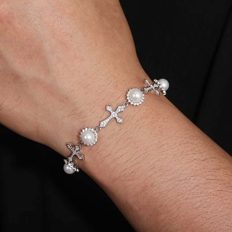 S925 Moissanite Pearl Halo Cross Link Bracelet - White Gold