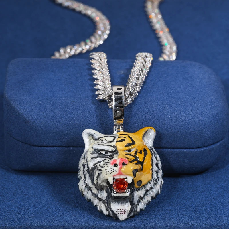 S925 Moissanite Enamel Tiger Head Pendant