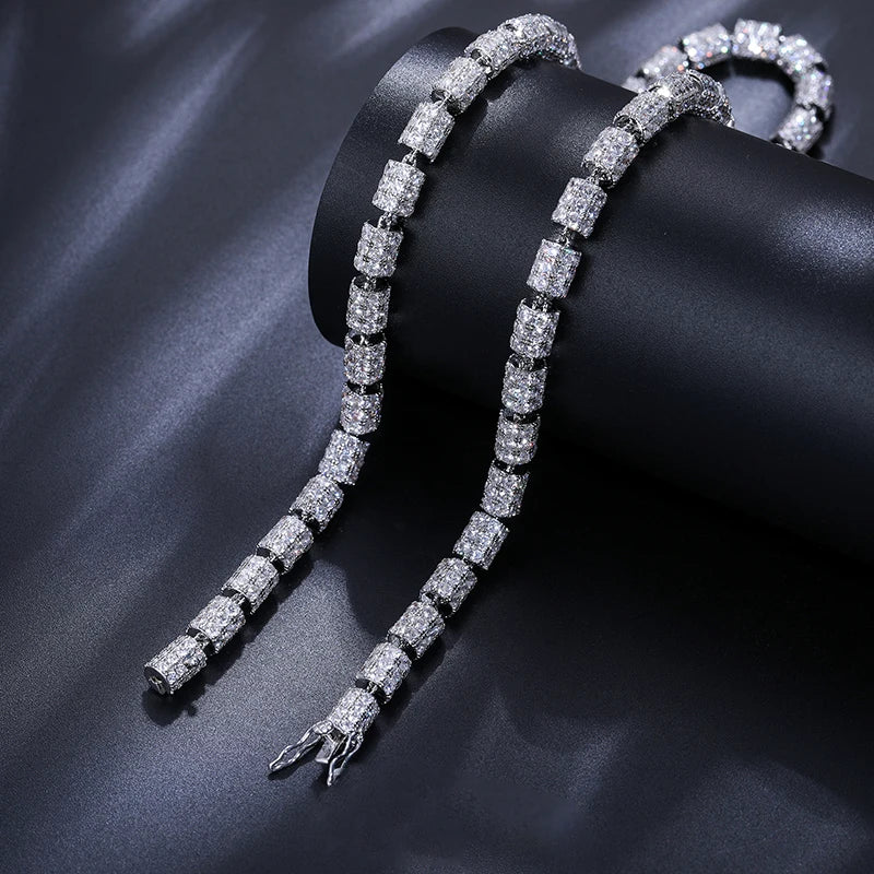 S925 White Gold Moissanite Cylindrical Iced-Out Diamond Necklace Chain - 7mm