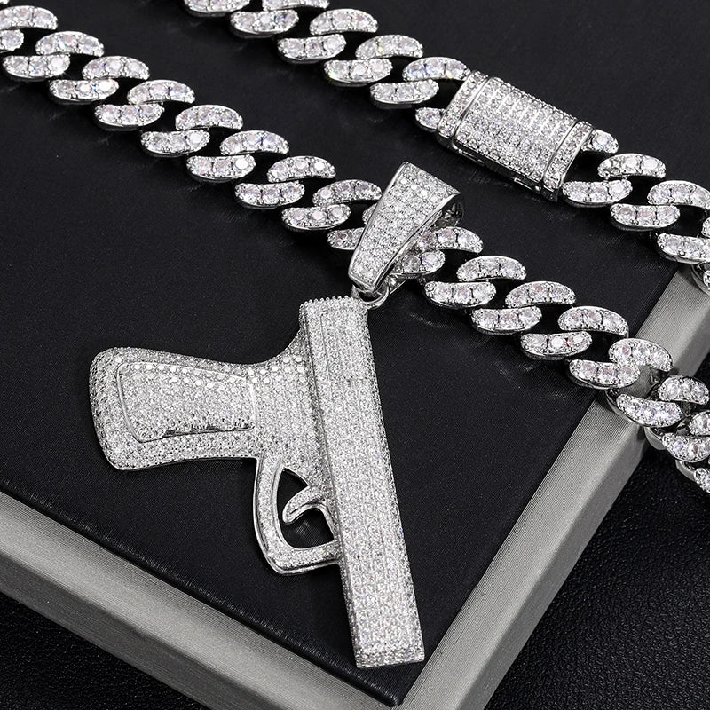 S925 Large Iced Out Handgun Moissanite Diamond Pendant - White Gold (Passes Diamond Tester)