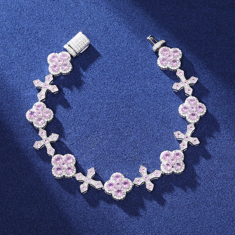 S925 Iced Frosty Flower Cross Link Bracelet - 14mm