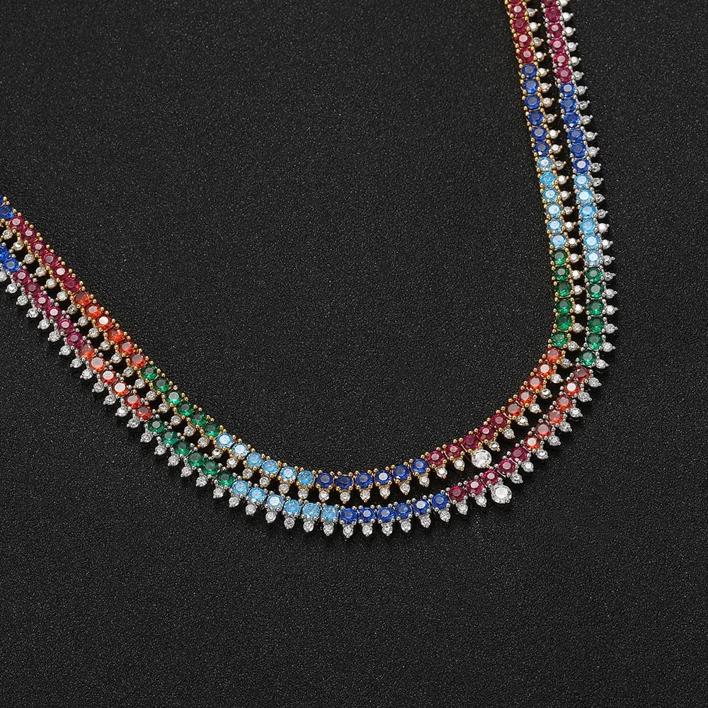 Triple Prong Multicolor Diamond Tennis Necklace - 3mm