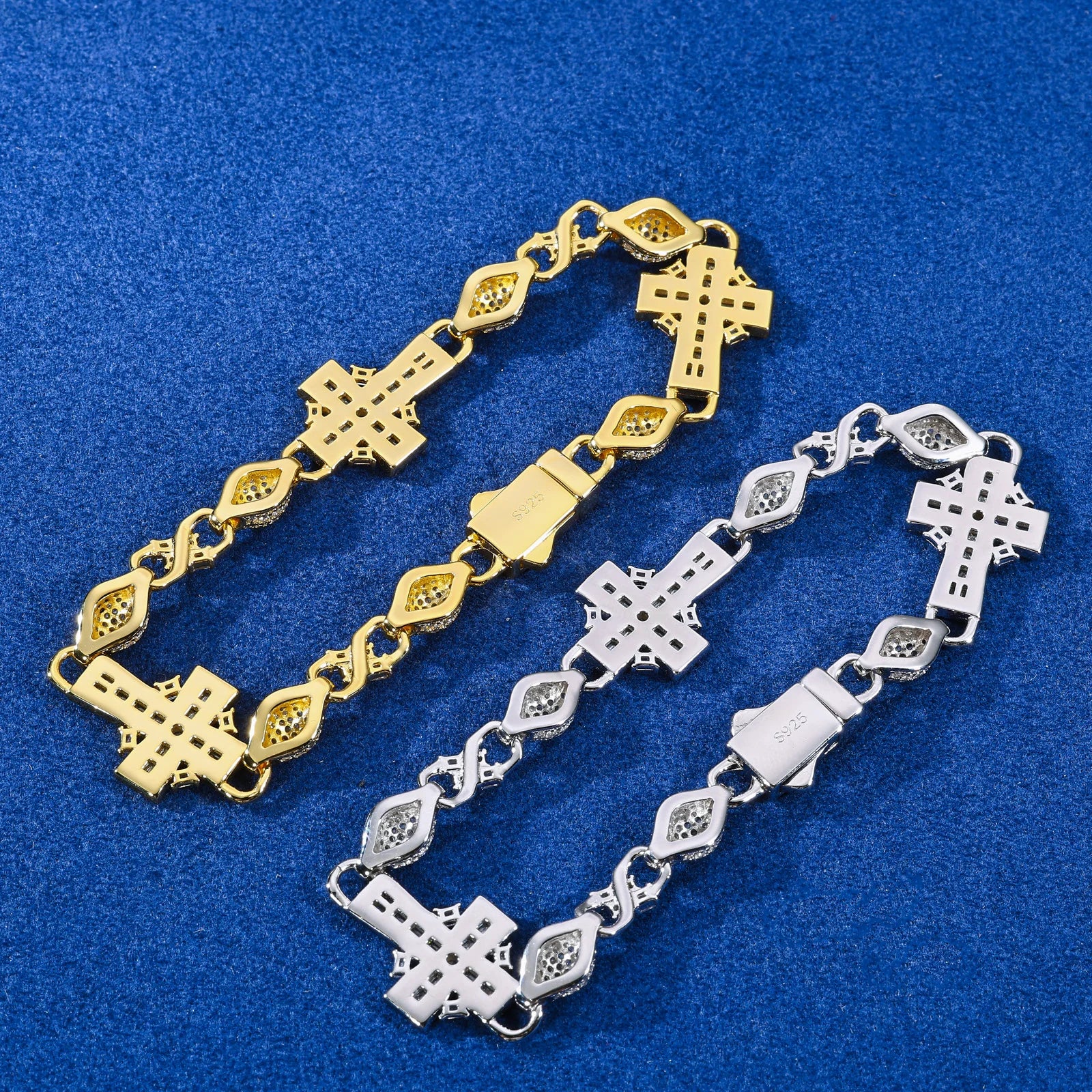 S925 Moissanite Diamond Iced Royal Cross Link Bracelet - 14mm
