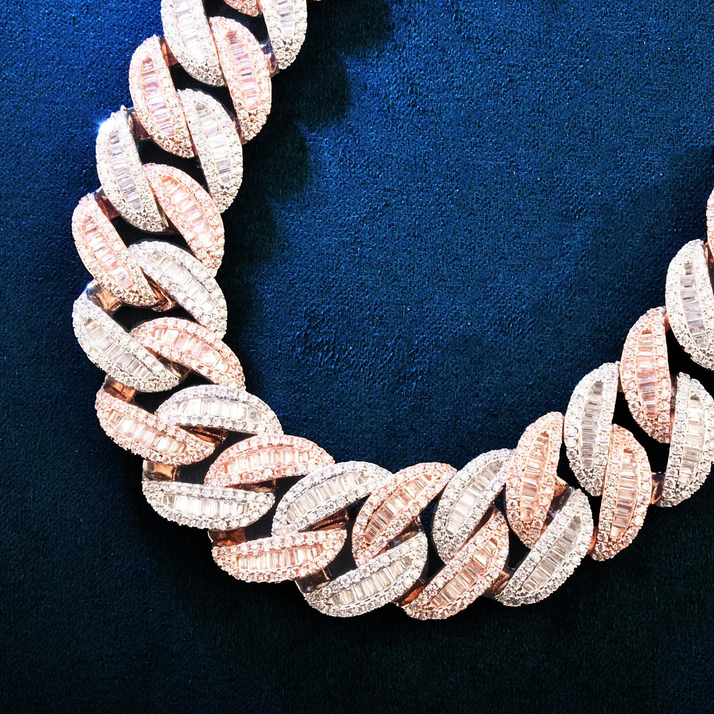 Two Tone Baguette Curve Cuban Link Chain Necklace - 19mm