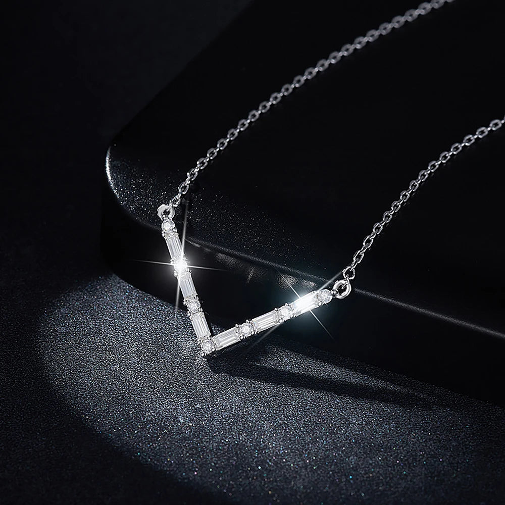 Women's S925 V-Shaped Baguette Moissanite Diamond Charm Necklace