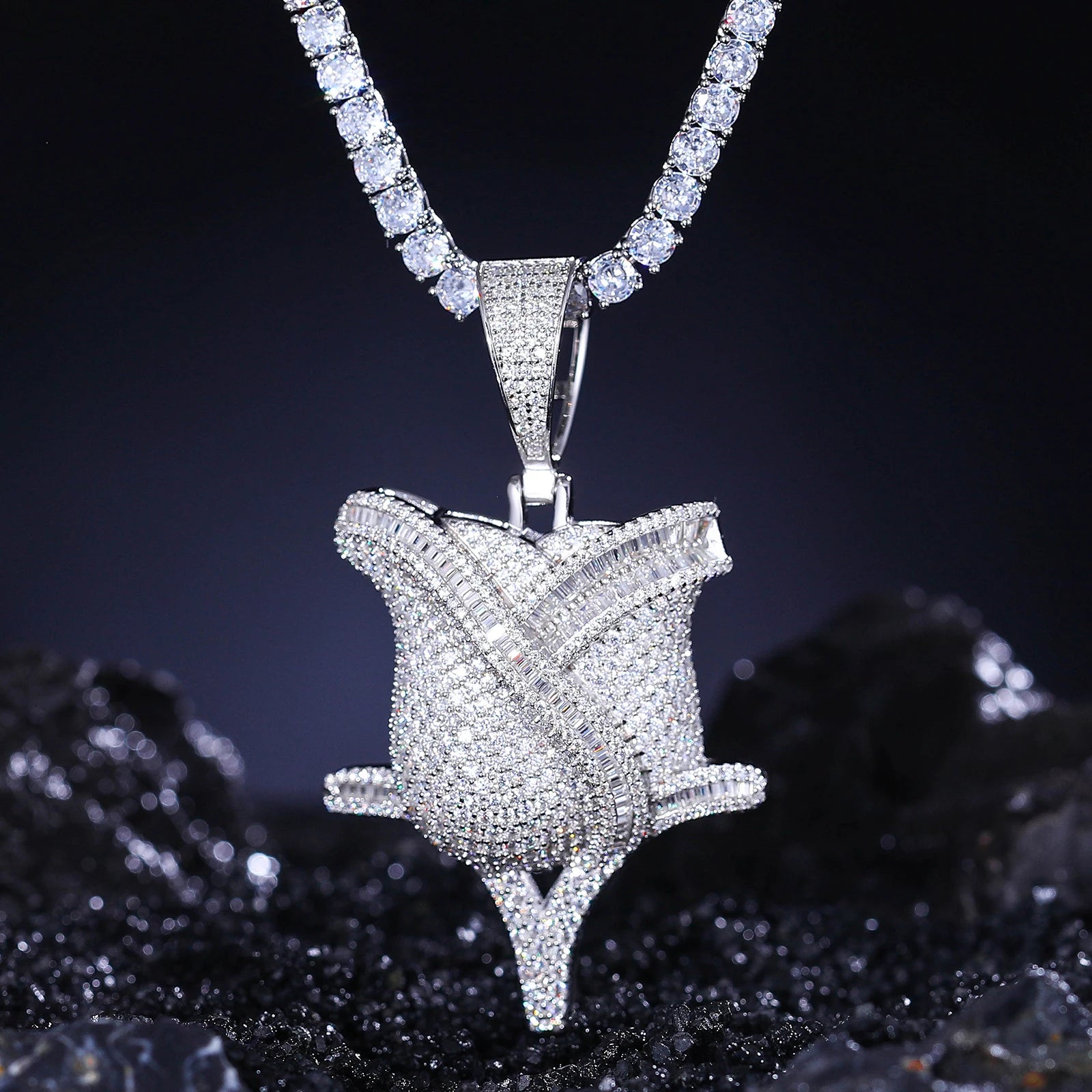 S925 Moissanite Baguette Rose Flower Diamond Pendant Necklace