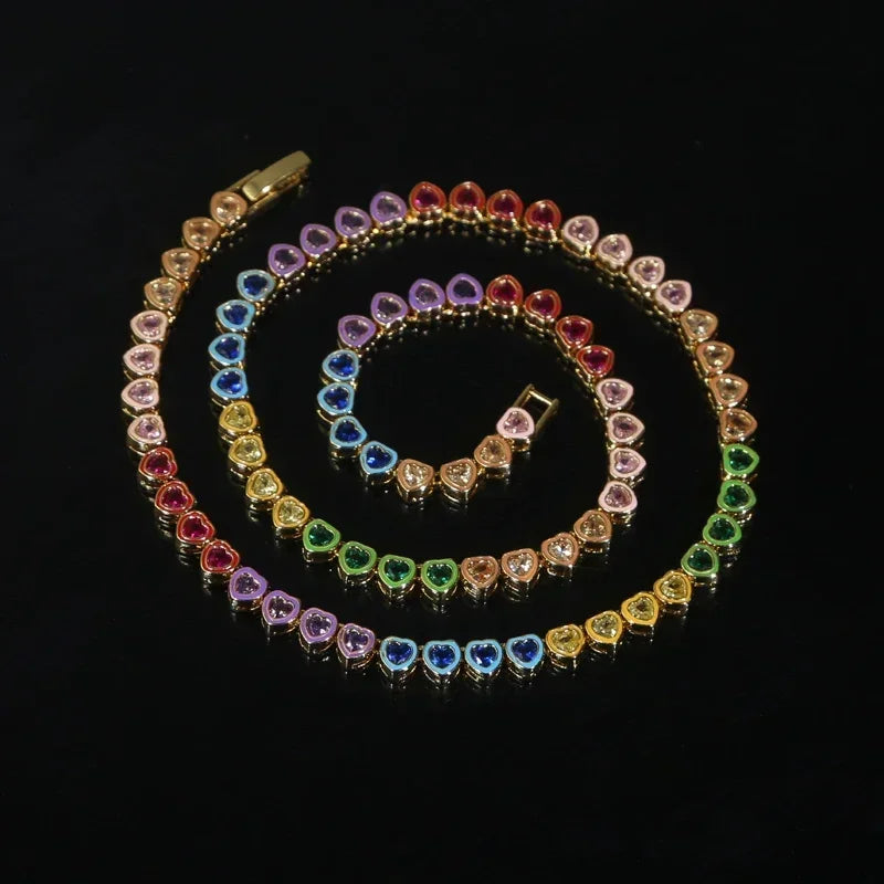 Gradient Colorful Enamel Bezel Heart Shaped Cubic Zirconia Tennis Chain