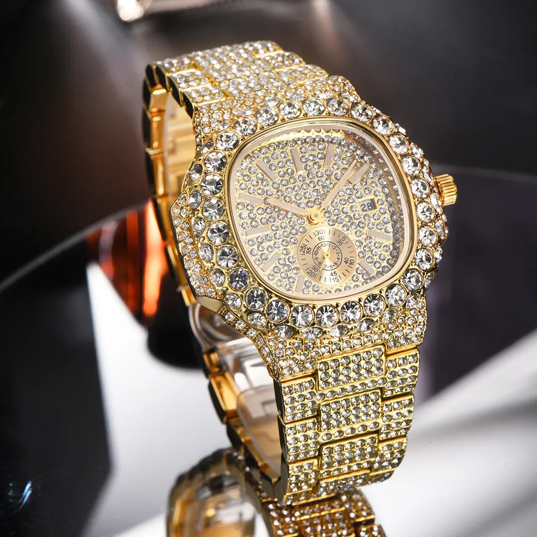 Iced Fully-Diamond Horizontally Embossed Dial 18K Gold Watch