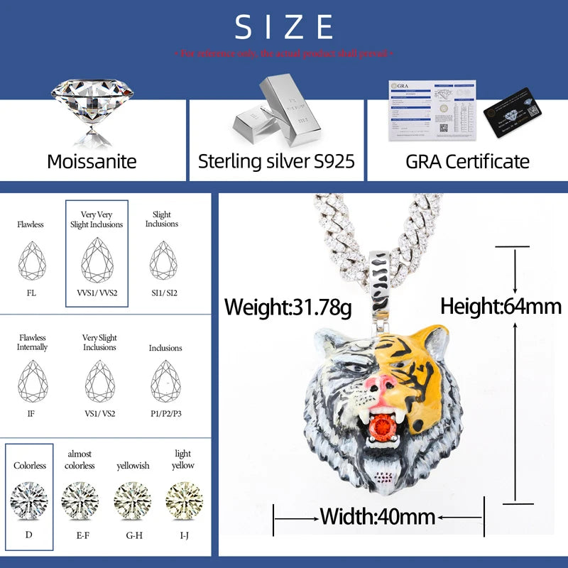 S925 Moissanite Enamel Tiger Head Pendant