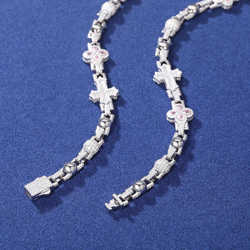 S925 Moissanite Clover Leaf Cross Link Necklace or Bracelet in White Gold - 12mm