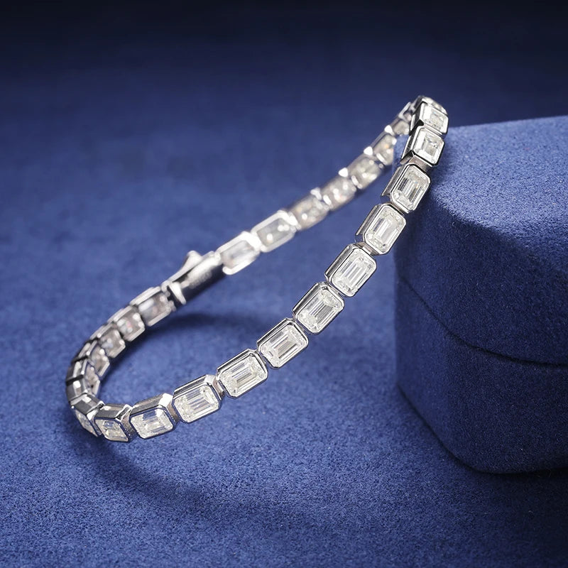 S925 Moissanite Baguette Rectangular Octagon Shape Bracelet - White Gold (5mm)