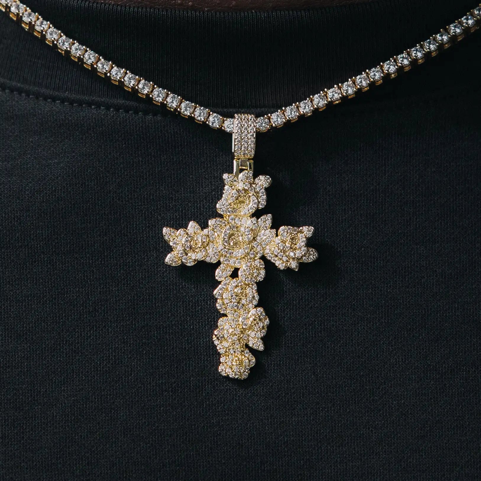 Diamond Rose Cross Pendant - Gold/White Gold