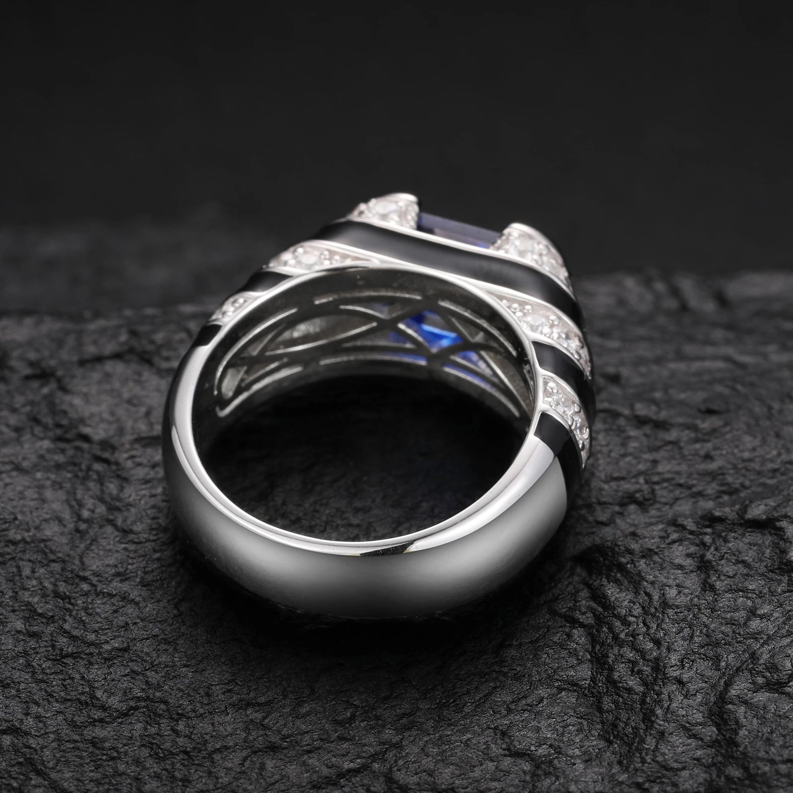 S925 Blue Sapphire and Black Enamel Emerald Cut Ring