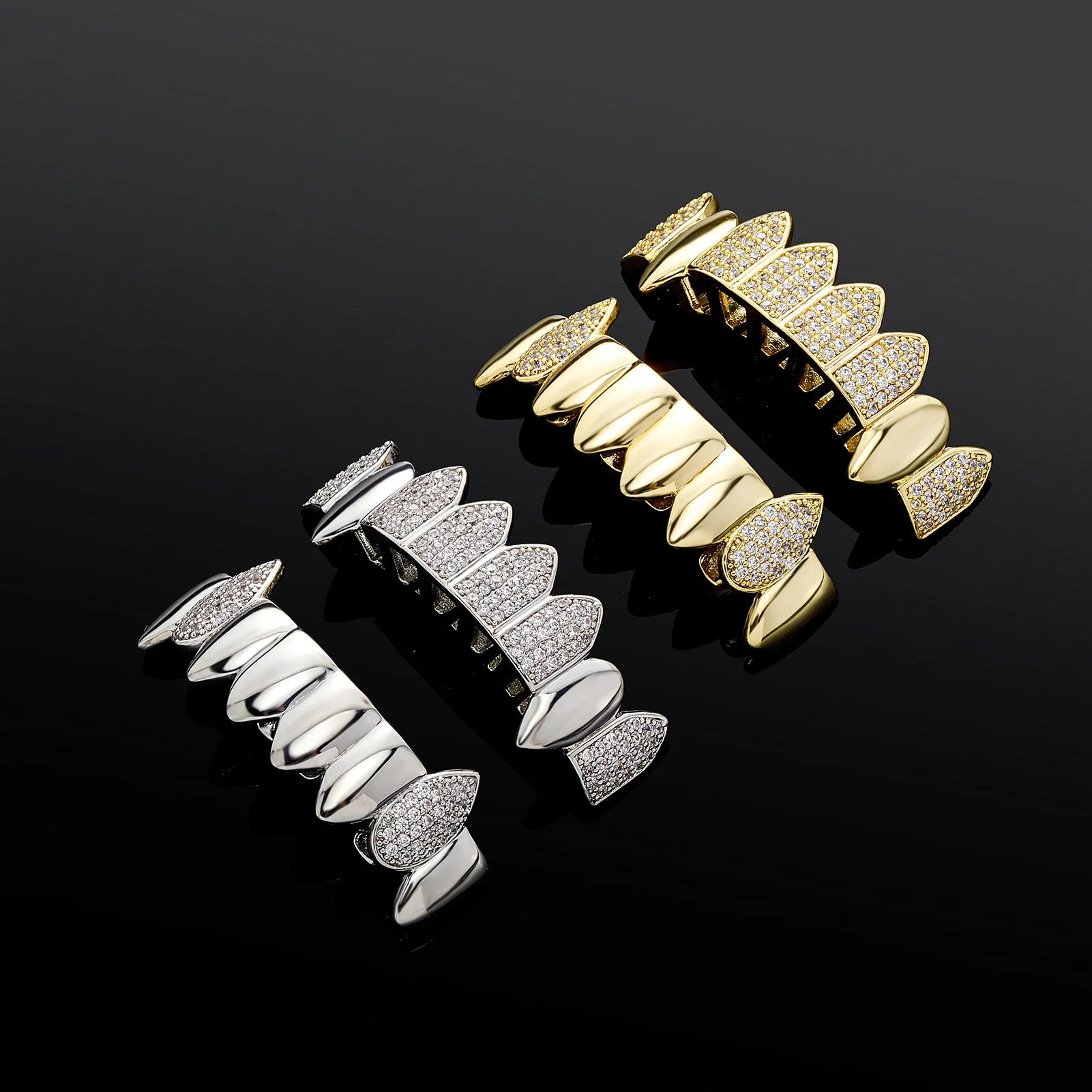 8 Tooth Vam Fang Diamond Gold Grillz - Gold/White Gold