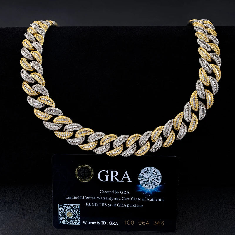 Two-Tone Gold Baguette Curve Cuban Link Chain Necklace - 15mm