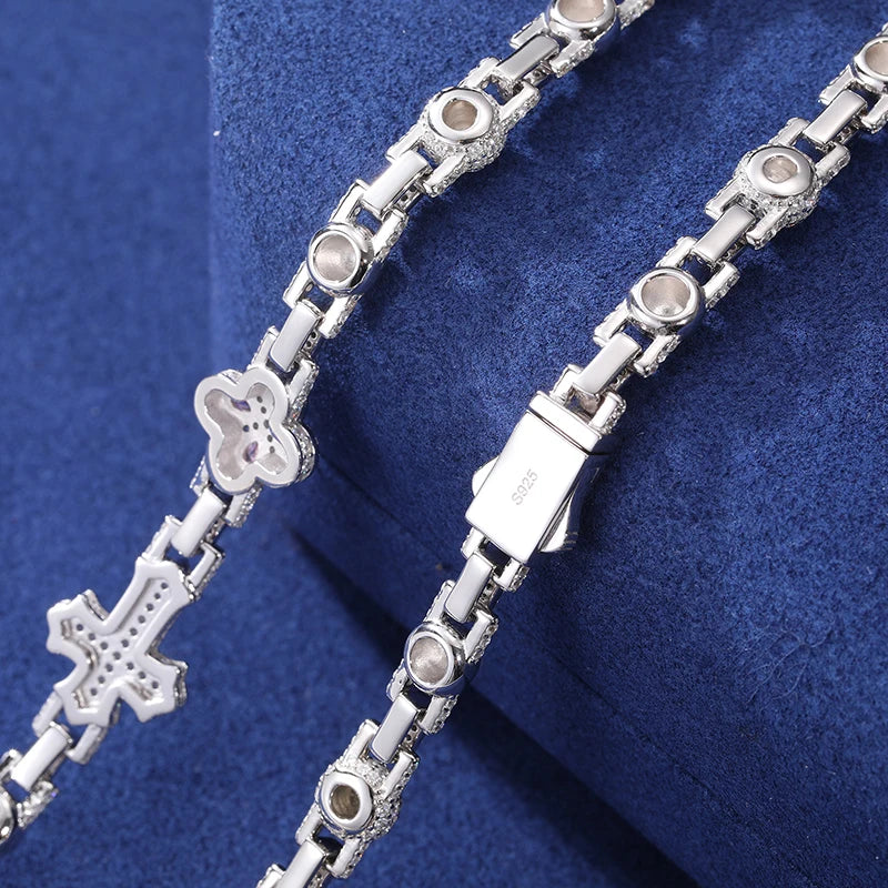 S925 Moissanite Clover Leaf Cross Link Necklace or Bracelet in White Gold - 12mm