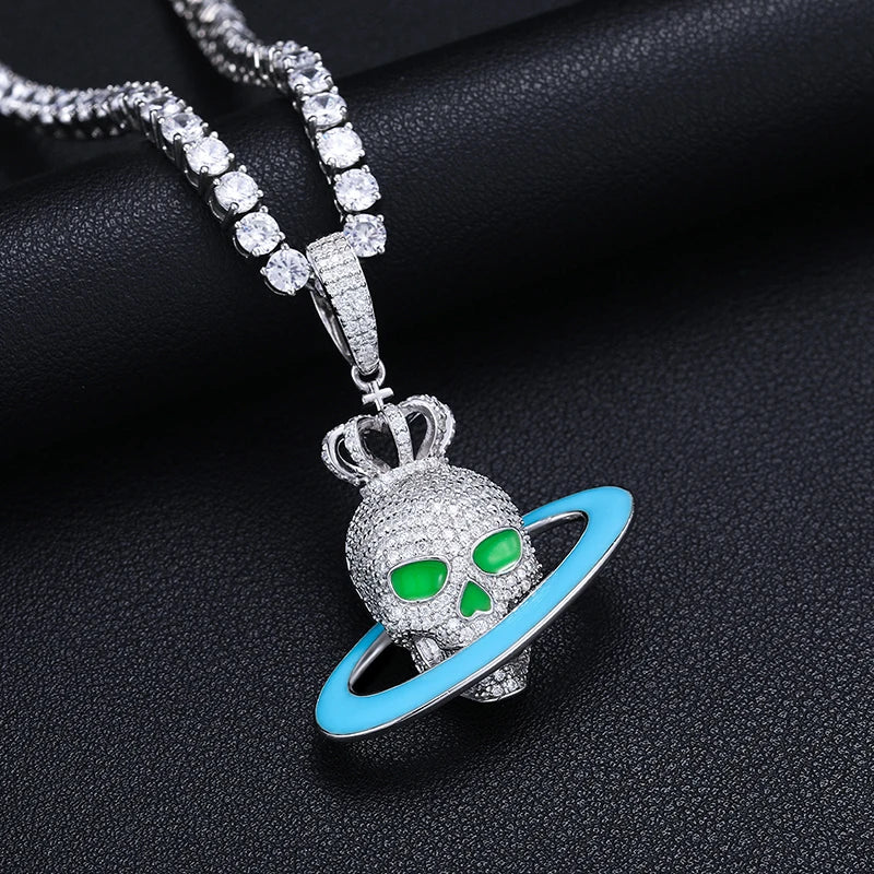 S925 Moissanite Luminous Saturn Skull Pendant - Icedgame & Co