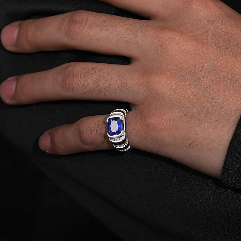 S925 Blue Sapphire and Black Enamel Emerald Cut Ring