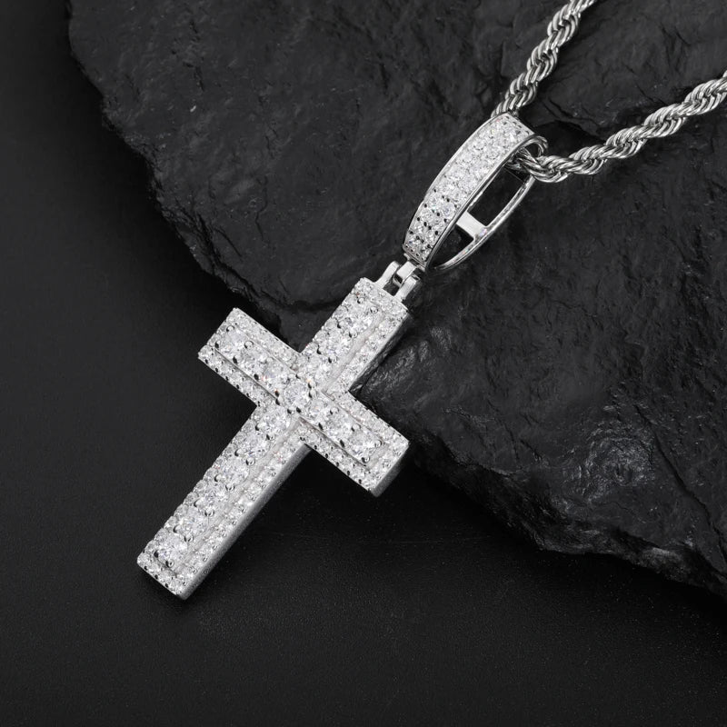 S925 Moissanite Halo Paved Diamond Cross Pendant