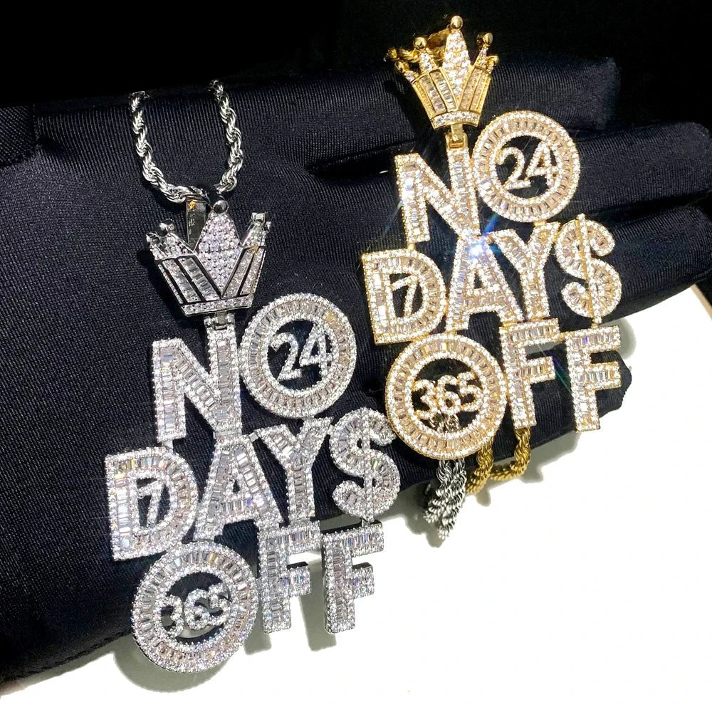 Iced "NO DAYS OFF" Letter Diamond Pendant Necklace
