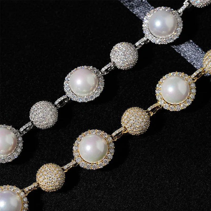 S925 Gold Moissanite Iced Pearl Beaded-Ball Link Chain - 10mm