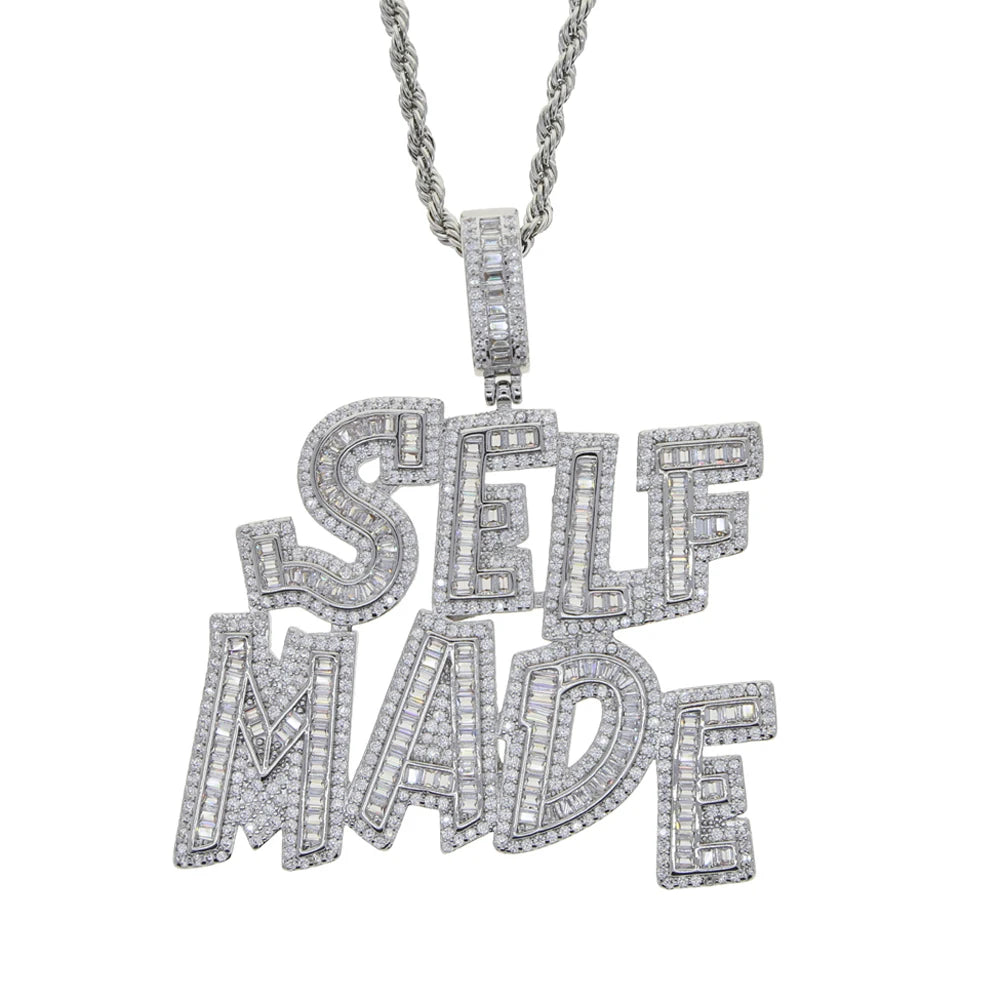NEW  "SELF MADE" BAGUETTE DIAMOND LETTER CUSTOM PENDANT NECKLACE - FREE ROPE CHAIN