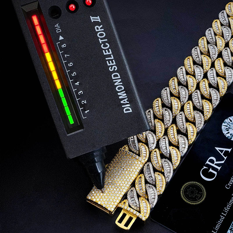 Two-Tone Gold Baguette Curve Cuban Link Chain Necklace - 15mm