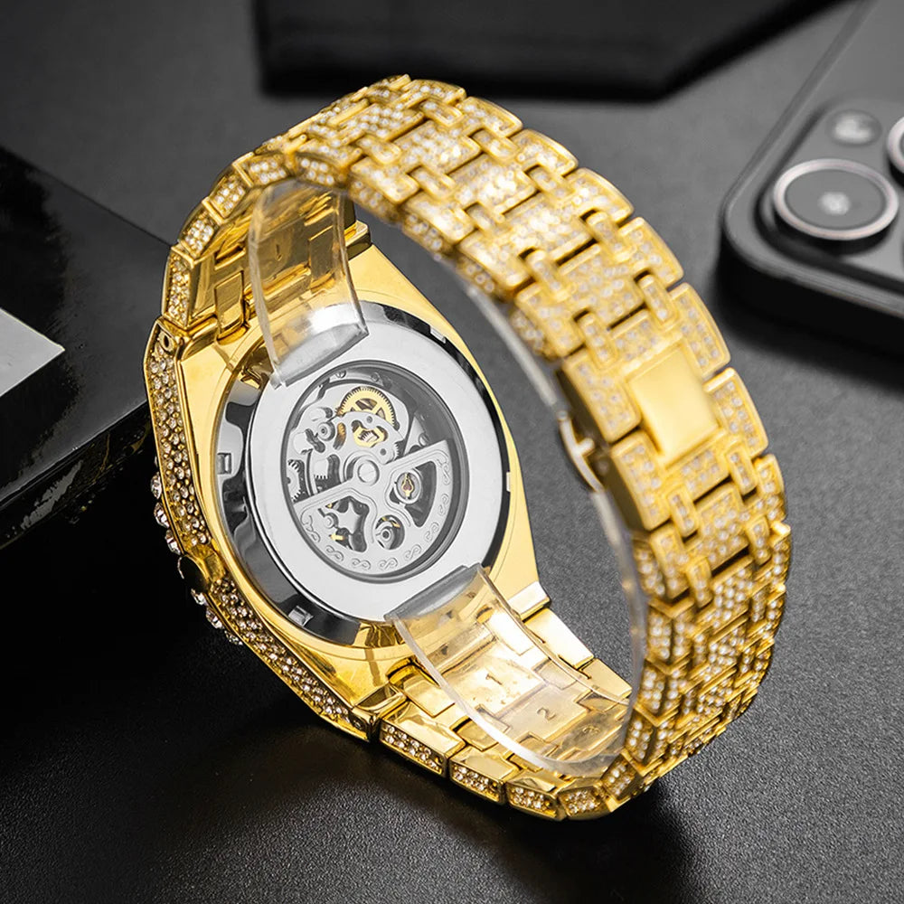 FULLY ICED OUT SKELETON DIAMOND BEZEL STAINLESS STEEL WATCH - GOLD/WHITE GOLD