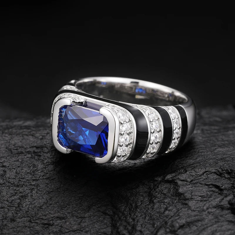 S925 Blue Sapphire and Black Enamel Emerald Cut Ring