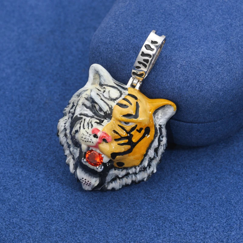 S925 Moissanite Enamel Tiger Head Pendant