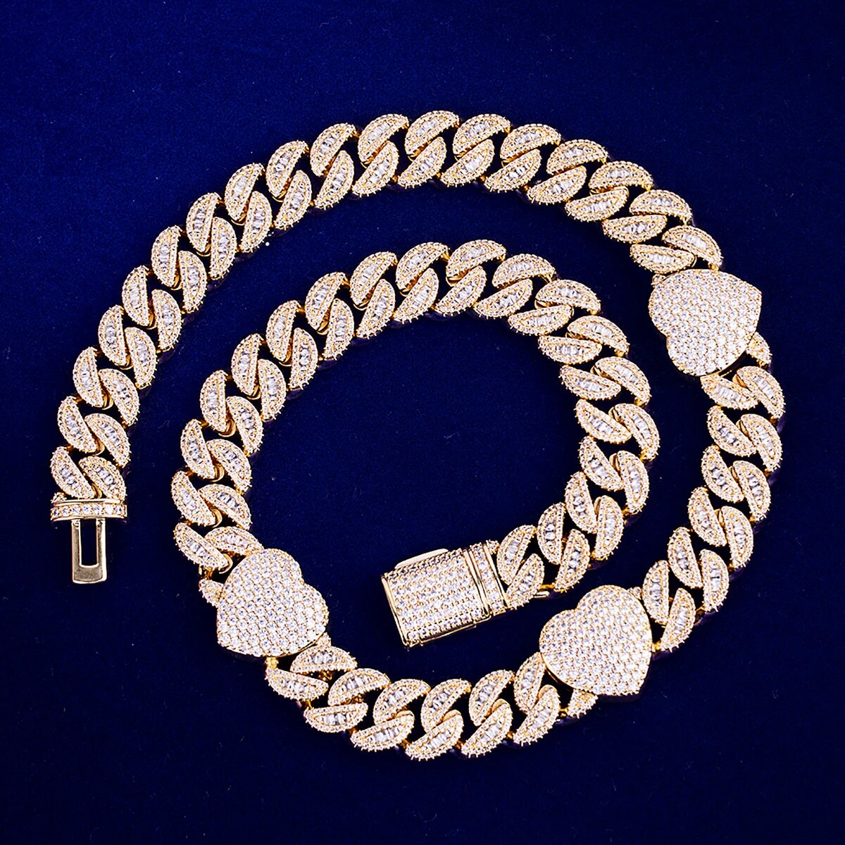 Tri-Heart Link Cuban Chain Necklace 24K Gold Plated