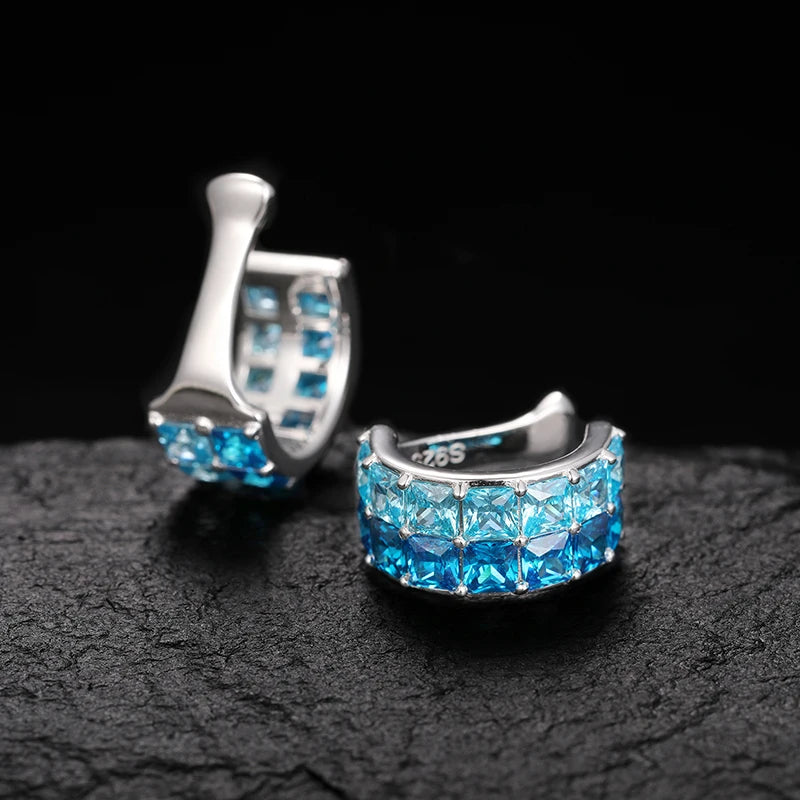 S925 Double Rows Square Cut Blue Diamond Stone Earcuff - Icedgame & Co