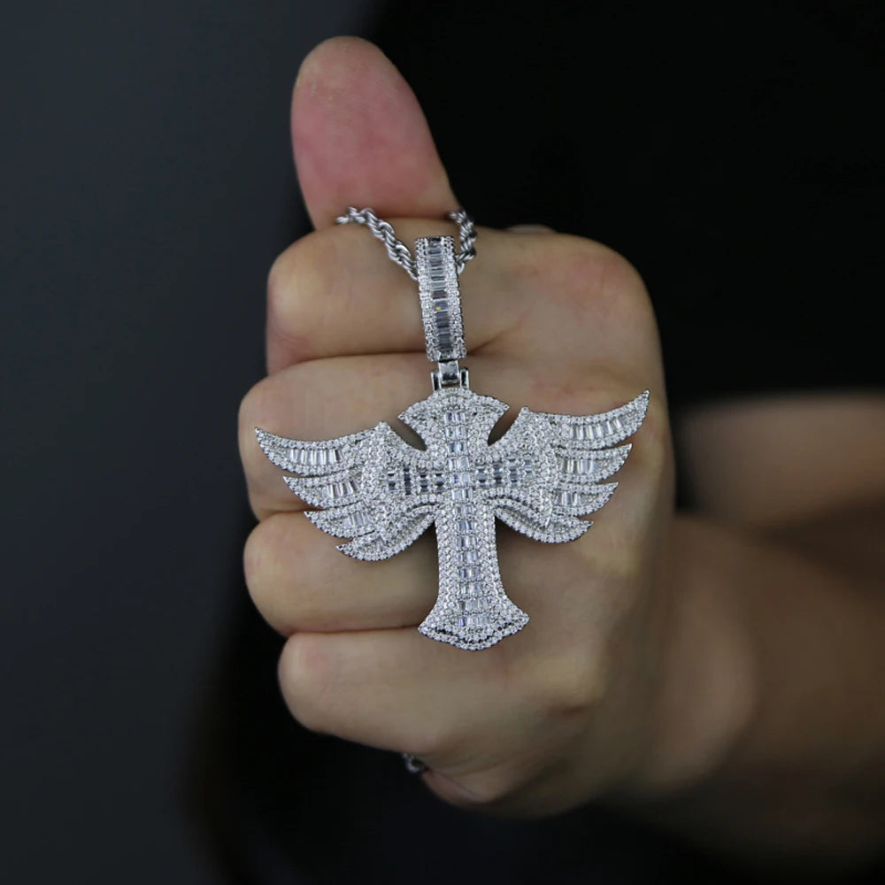 Iced Out Angel Wing Cross Pendant Necklace