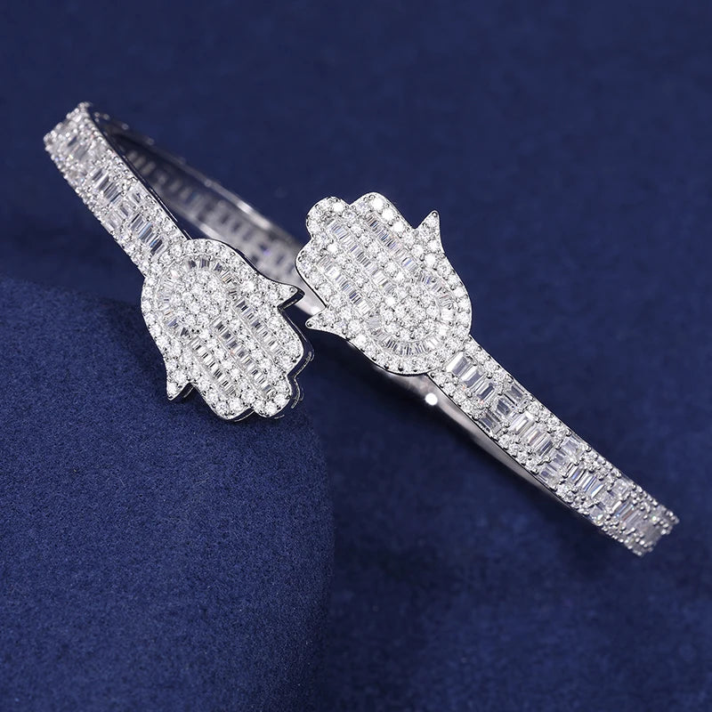 S925 Moissanite Baguette Hamsa Bangle - Icedgame & Co