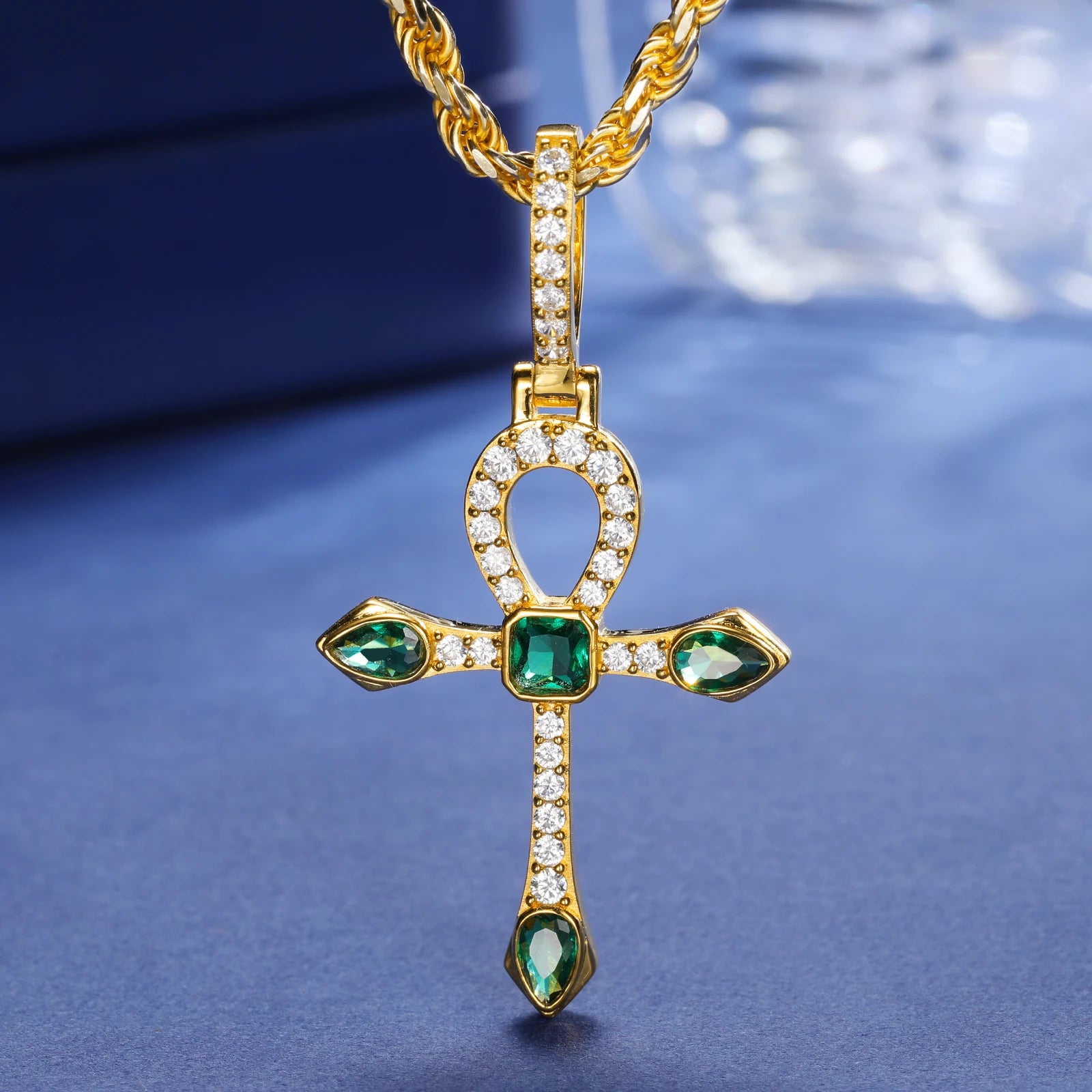 S925 Emerald Moissanite Ankh Cross Pendant