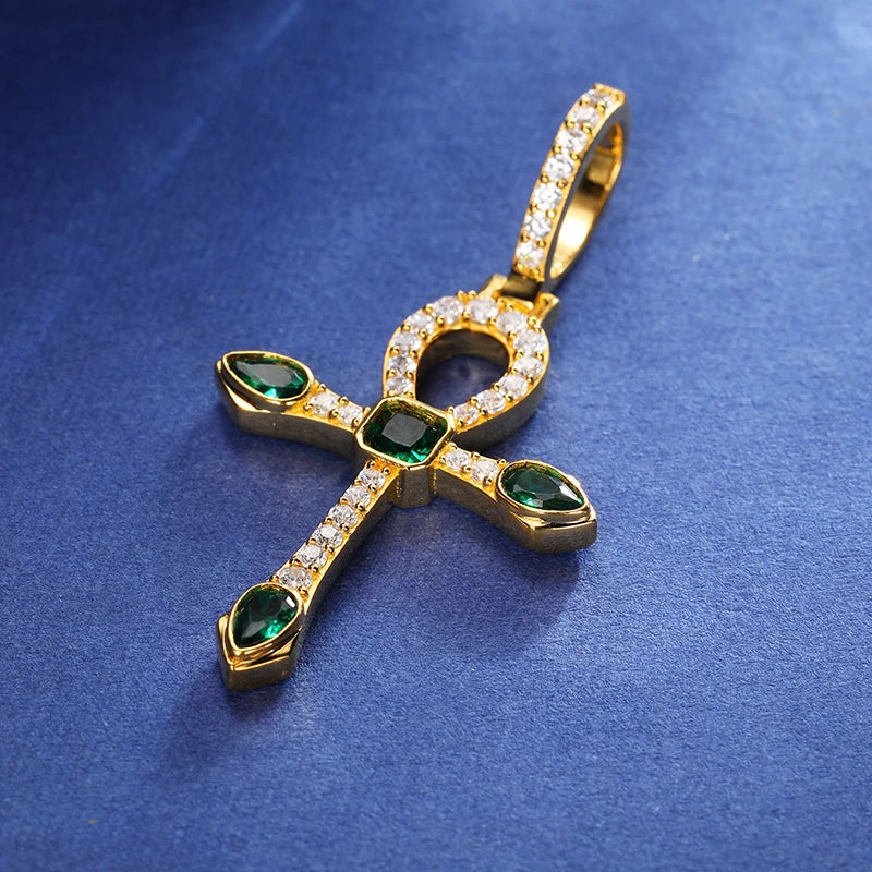 S925 Emerald Moissanite Ankh Cross Pendant