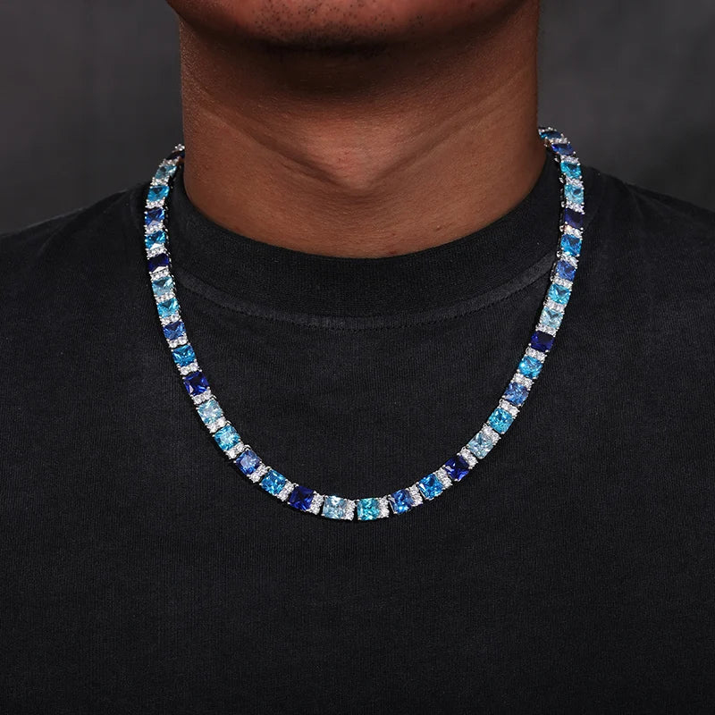 Blue Mixed Diamond Cut Tennis Necklace - 7.5mm